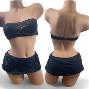 Betsey Johnson Elegant Black Bandeau Skirted Bikini Set Cut Outs Embroidery S